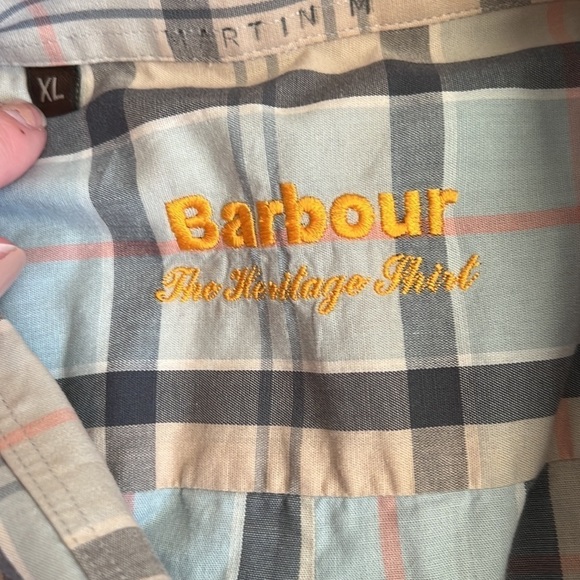 Barbour Heritage Button Down Tailored Long Sleeve Shirt Light Blue Tan Plaid - Picture 5 of 9